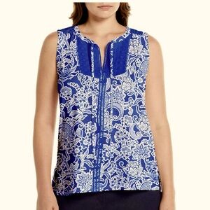 Rafaella Sleeveless Top Floral ‎ Blue White Medium Cotton Crochet Trim